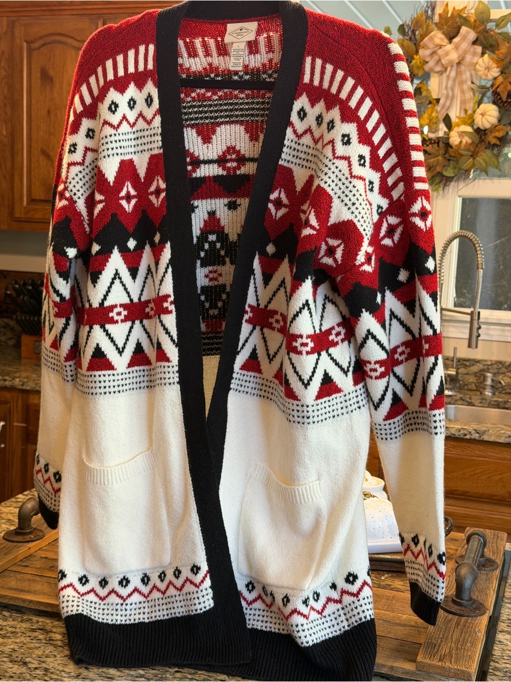 St. John's Bay Red, White & Black Nordic Open-Front Cardigan